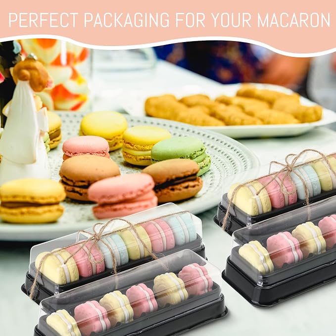 Remerry 100 Pcs Macaron Boxes with Clear Lids Bulk Macaroon Container Macaroon Packaging Boxes with 6 Grid Christmas Party Favors for Baby shower Wedding Bakery, 7.6 x 2.8 x 1.9 Inches