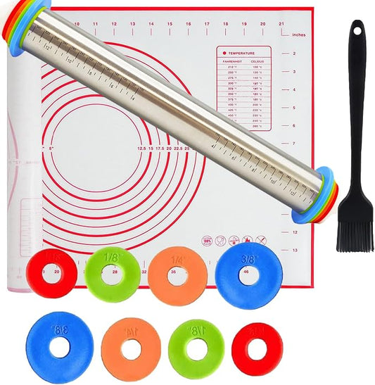 Adjustable Rolling Pin 3 Set and Silicone Baking Pastry Mat Silicone Bush Set,Thickness Rings,Stainless Steel Dough Roller 17.4" Rolling Pins for Baking Dough