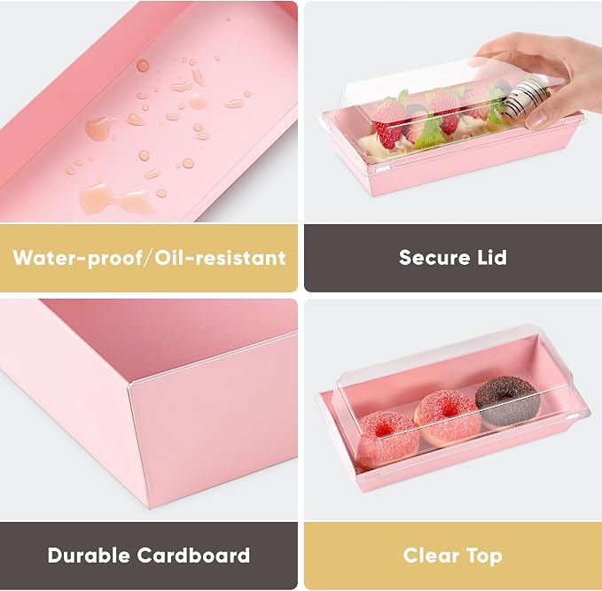 Leafiew 50 Pack 7.5x3.3 Inches Small Clear Treat Boxes-Dessert Boxes To Go-Disposable Paper Mini Containers for Cookie, Cake Slice, Charcuterie, Bakery, Pastry, Strawberry, Baked Goods Packaging(Pink)