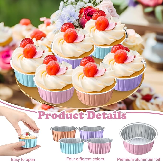 200 Pack Aluminum Foil Cupcake Liners with Lids, 5 oz Round Baking Cup, Disposable Ramekin Container for Graduation Wedding Independence Day Party(Champagne, Pink, Light Purple, Blue,Plain)
