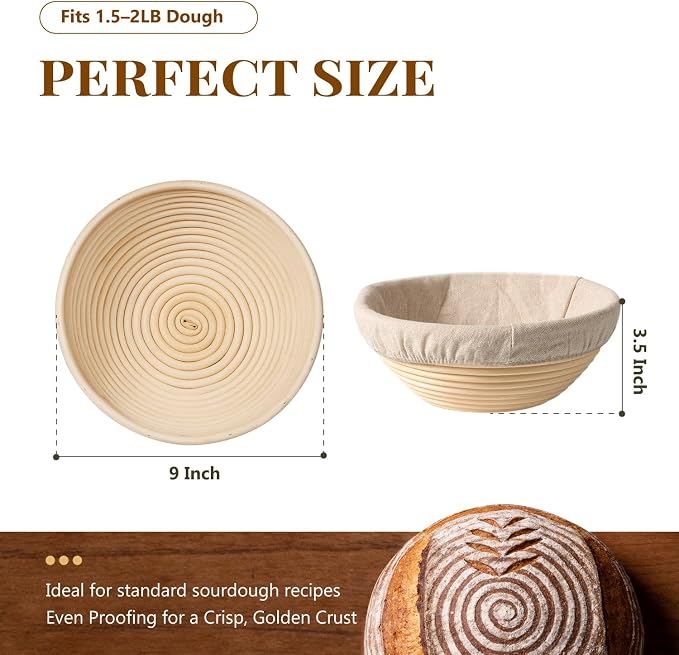 BAVIFY Sourdough Starter Kit, Banneton Bread Proofing Baskets Set, Sourdough Bread Baking Supplies Making Tools with 9 Inch Round Rattan Sourdough Basket, Linen Liner, 2 Round Baskets Set
