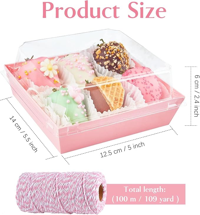 ZORRITA Paper Charcuterie Boxes with Clear Lids, 50 Pack, 5 Inch, Pink | Square To Go Dessert Containers, Small Bakery Boxes, For Cake, Cookies, Sandwich, Strawberries