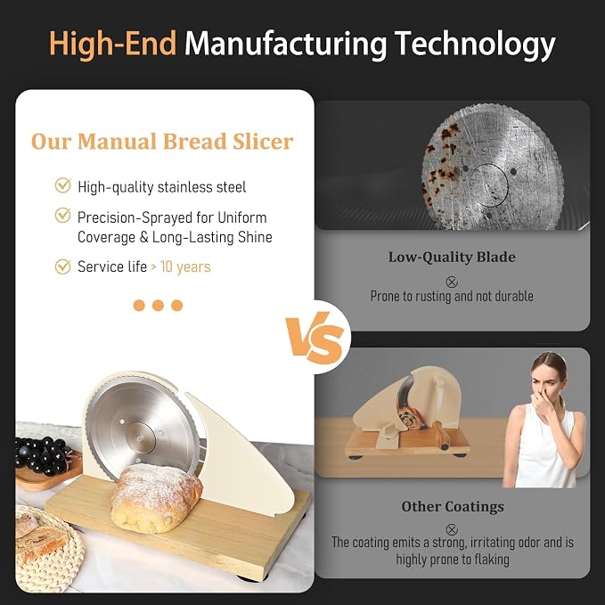 Brvclon Manual Bread Slicer for Homemade Sourdough,Adjustable Thickness,Hand Crank Bread Slicer with Stainless Steel Blade, Aluminum Alloy Frame & Solid Wood Base,Comes with 10 Bread Bags