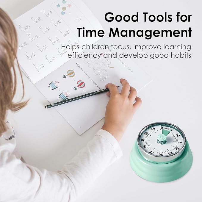 Visual Timer, Teeloray 60-Minute Countdown Timer, Kitchen Timer with Magnetic Base, Mechanical Clockwork, Ringer Alert, Time Management Tool for Children and Adults, Study/Work/Cooking (Mint Green)