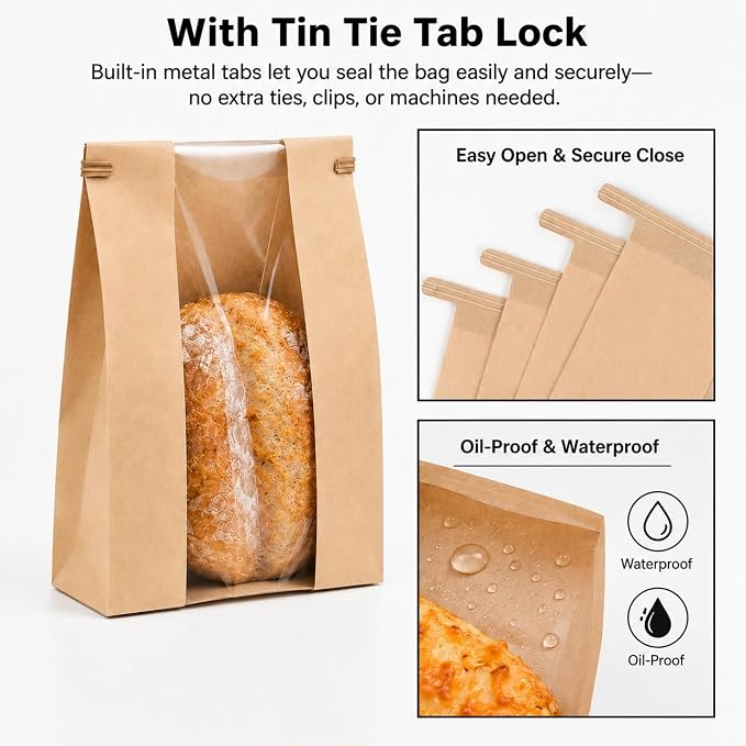 NPLUX 50 Pack Sourdough Bread Bags for Homemade Bread with Tin Tie Tab Lock Bakery Bags with Window kraft Bag for Toast Sandwich Cookie Snacks, Graduation Gift Bags(8.27x13.6x3.54In)