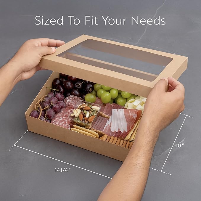 Restaurantware Cater Tek 14.3 x 10 x 3.2 Inch Catering Boxes 10 Insert Tab Lock Baked Goods Boxes - Window Lids Easy Assembly Kraft Paper Window Pastry Boxes For Charcuterie Or Cupcakes