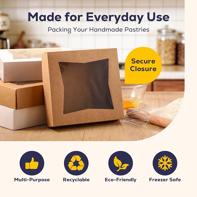 Fit Meal Prep [25 Pack] Pie Boxes With Window 10x10x2.5 Kraft Pastry Boxes Auto-Popup Cardboard Gift Packaging for Cupcake, Cookies Treat Box for Party, Christmas, Valentines Day