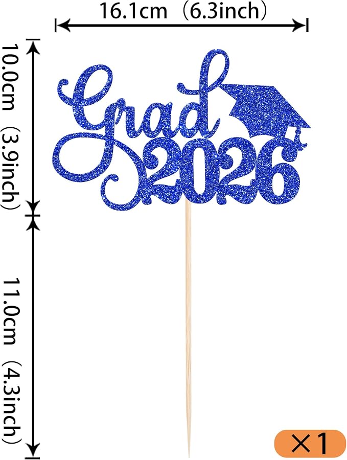 1 Pack Grad 2026 Cake Topper with Glitter Congrats Grad Cap Class of 2026 Cake Pick Decorations for 2026 Graduation Theme School Boys Girls Graduate Party Supplies Blue
