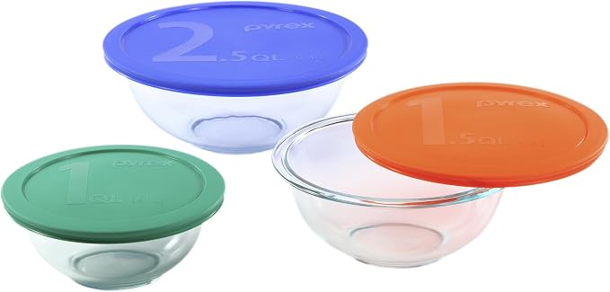 Pyrex Smart Essentials 6-Piece Glass Mixing Bowl Set,1.5 quarts Made in the USA