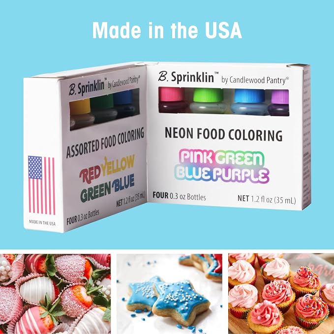 B. Sprinklin Assorted Liquid Food Coloring Kit - Neon and Regular (8) Colors, Vibrant Food Dye for Slime Crafts, Dying Eggs, Frosting and Cake Decorating, 8 Bottles, 0.3 fL Oz by Candlewood Pantry