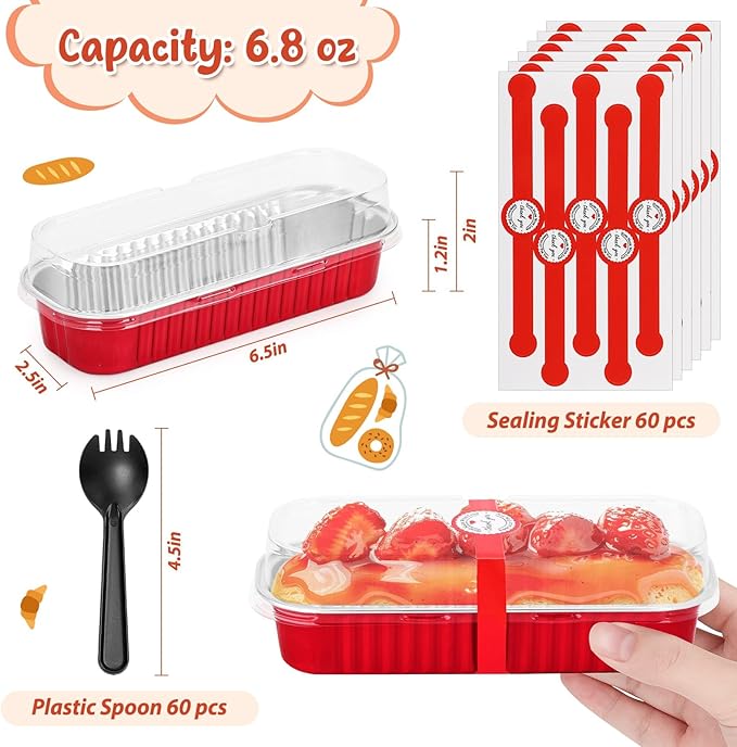 selizo 60 Pack 6.8oz Mini Loaf Baking Cake Pans with Lids, Rectangle Disposable Aluminum Foil Loaf Baking Pans, Small Baking Cake Tins Cup Cake Containers for Individual Cakes