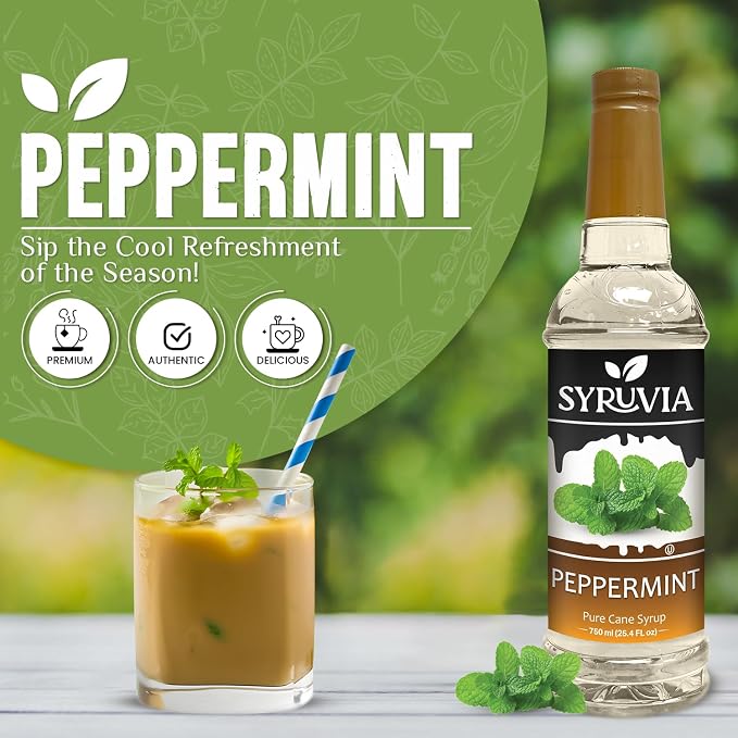Syruvia Coffee Syrup, Peppermint Flavored Syrup for Drinks, Lattes, and Desserts – 25.4 fl oz - with Pump