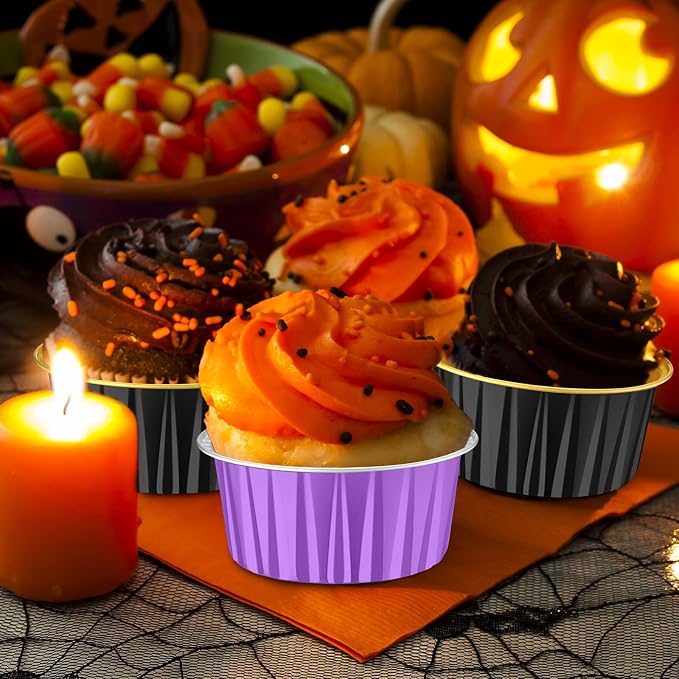 200 Pack Aluminum Foil Cupcake Liners with Lids, 5 oz Round Baking Cup, Disposable Ramekin Container for Graduation Wedding Independence Day Party(Purple and Black,Halloween)