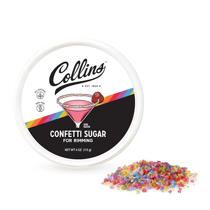 Collins Confetti Sugar, All-Natural Cocktail Rimming Sugar Made with Plant-Based Colors, Non-GMO Drink Garnish for Cocktails and Mocktails, Add Festive Flair to Your Drink Presentation, 4 oz