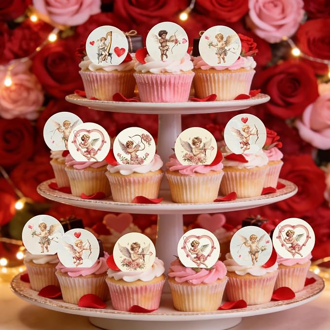 36PCS Edible Valentine Cupid Cupcake Toppers Wafer Paper Love Cupid Cupcake Picks Be My Valentine Cake Decor for Valentine's Day Theme Engagement Party Decor Supplies
