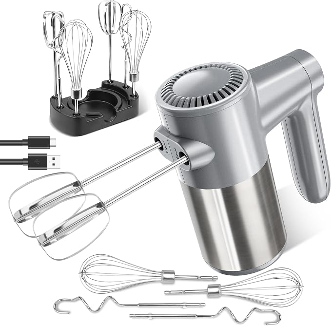 Cordless Electric Hand Mixer, 7 Speed Rechargeable Wireless Handheld Mixer with Eject Button, Long Battery, Quiet Anti-Splash, 6×304 Stainless Steel Attachments & Storage Base for Baking (Silver)