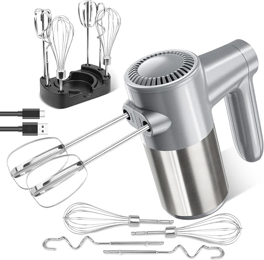 Cordless Electric Hand Mixer, 7 Speed Rechargeable Wireless Handheld Mixer with Eject Button, Long Battery, Quiet Anti-Splash, 6×304 Stainless Steel Attachments & Storage Base for Baking (Silver)