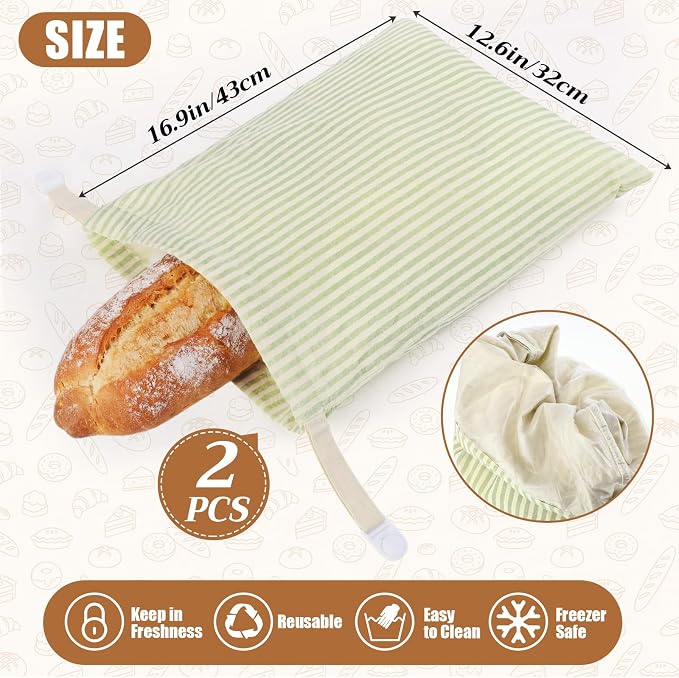 2 Pack Reusable Striped Bread Bags Set with Drawstring Cotton Linen Food Storage Bags for Homemade Bread & Sourdough 17"x 13" Lined Food Bag Cover Keep Loaves Fresh Longer(Green Stripes)
