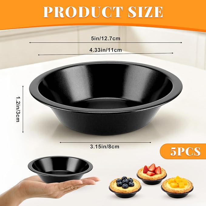 4Inch Mini Pie Pans Pie Plates Mini Tart Pans for Baking Round Bakeware Set for Baking Dessert Set of 5- Black