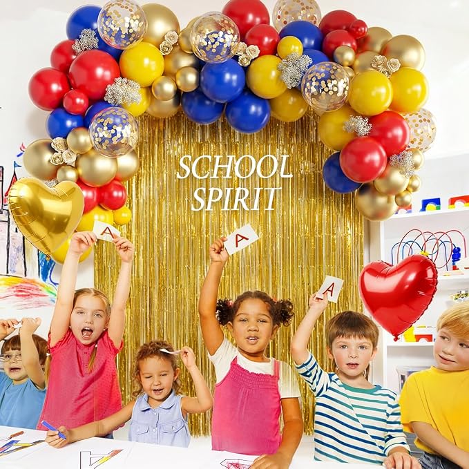 157Pcs Red Blue Yellow Gold Balloons Garland Arch Kit with Fringe Curtain for Snow Beauty White Carnival Circus Super Mario Plim Plim Theme Birthday Baby Shower Party Decorations