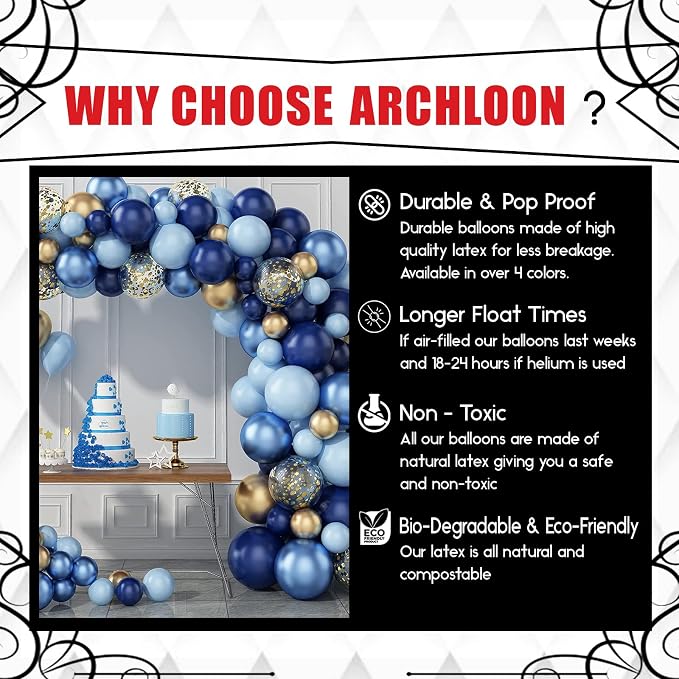 Archloon Blue Balloon Arch Kit, 134pcs Blue Balloon Garland Kit with Metallic, Macaron blue Balloons and Gold Confetti Balloons Arch Kit for Birthday, Wedding, Bridal and Baby Shower.