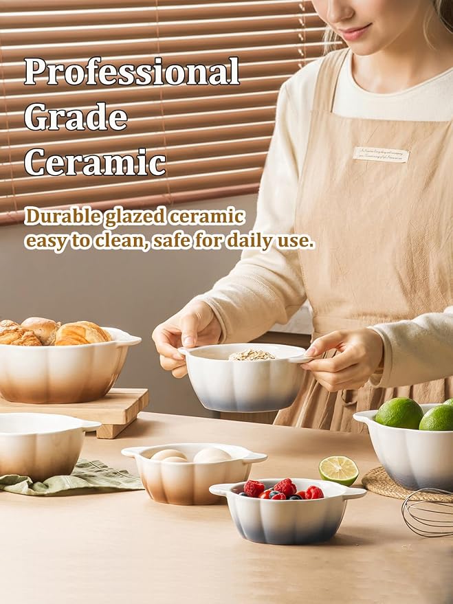 Large Soup Bowls Set of 4, Pumpkin Microwave Mixing Bowls with Handle, Ceramic Serving Bowls for Prepping, Pasta, Salad - Kitchen Cooking and Baking Supplies, Mothers Day Gift