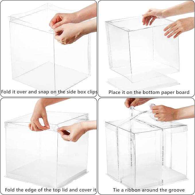 Cididu 6 Pcs Clear Cake Box with Ribbon 2-Layer 10x10x10 Inch, Transparent Cake Carrier Box with Lids, PET Tall Cake Packaging Boxes, Clear Gift Boxes for Mother's Day Birthday Wedding Festival Party