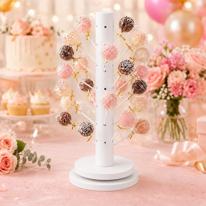 2Pack Wooden Cake Pop Stand Kit with 360° Spinning Base, 49Hole Lollipop Holder with Cake Ball Scoop, 100 Paper Sticks, 100 Clear Treat Bags and 100 Twist Ties, Easy Twist Assembly for Parties (White)