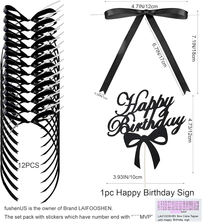 Black Bows for Cake, 12 PCS Black Vintage Ribbon Bow Cake Topper with 1PC Happy Birthday Sign for Coquette Birthday Party Decorations,Happy Birthday Cake Toppers Decorations Accessory for Girls Women.