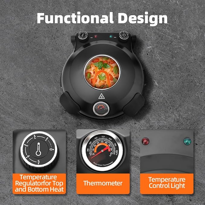 Electric-Pizza-Oven-Indoor, 12 Inches Countertop Cooker,800℉ Electric Pizza Maker with Timer, Ceramic Stone, Viewing Window, Complete Accessory Kit, Black