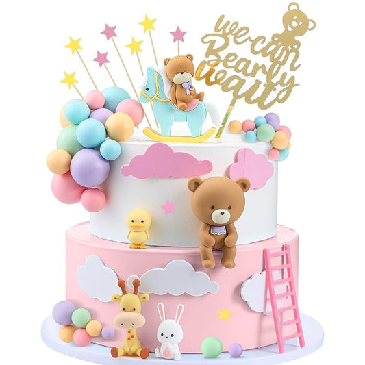 Yinder Bear Cake Toppers Mini Bear Cake Decorations Cake Toppers Gold White Pearl Ball for Birthday Party Decorations(Bright Color,Fresh Style)