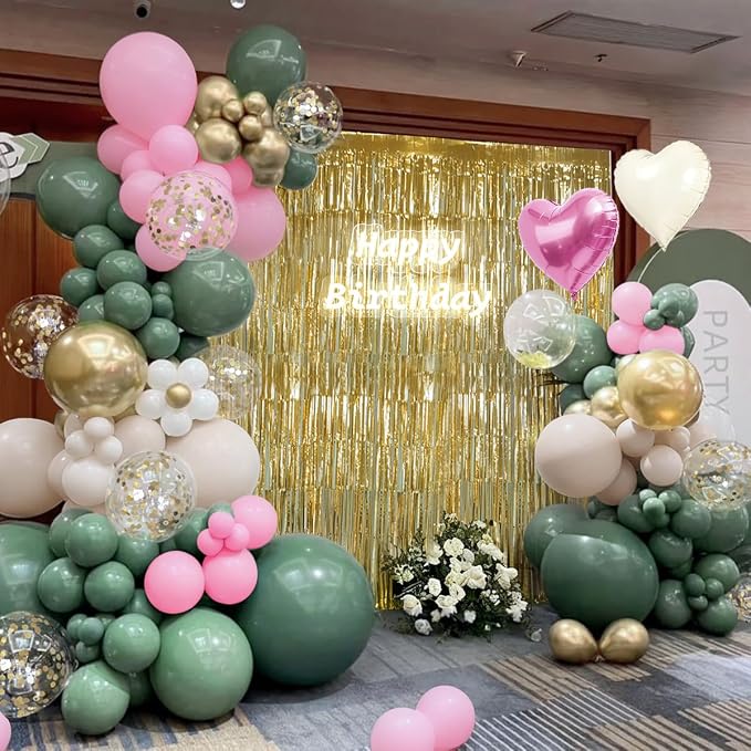 157Pcs Sage Green Pink White Gold Balloons Garland Arch Kit with Gold Fringe Curtain for Birthday Bridal Baby Shower Gender Reveal Weddings Graduation Party Decorations