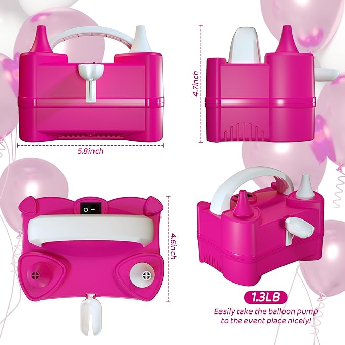 Electric Balloon Pump for Party Decorations – Portable Inflator, Auto Shutoff, Balloon Air Pump Dual Nozzle Rose Red 110V 600W ﻿