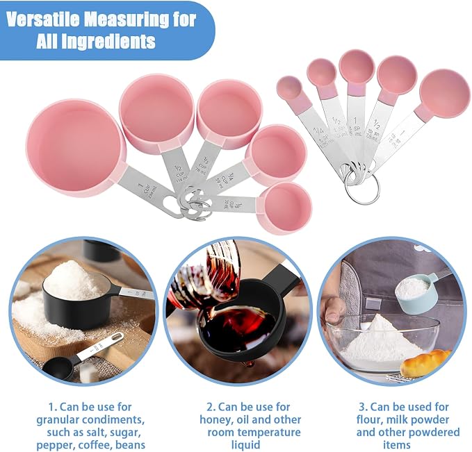 Measuring Cups and Spoons Set, 10-Piece, Pink | Stackable Nesting Design, Stainless Steel Handles, For Cooking, Baking & Meal Prep