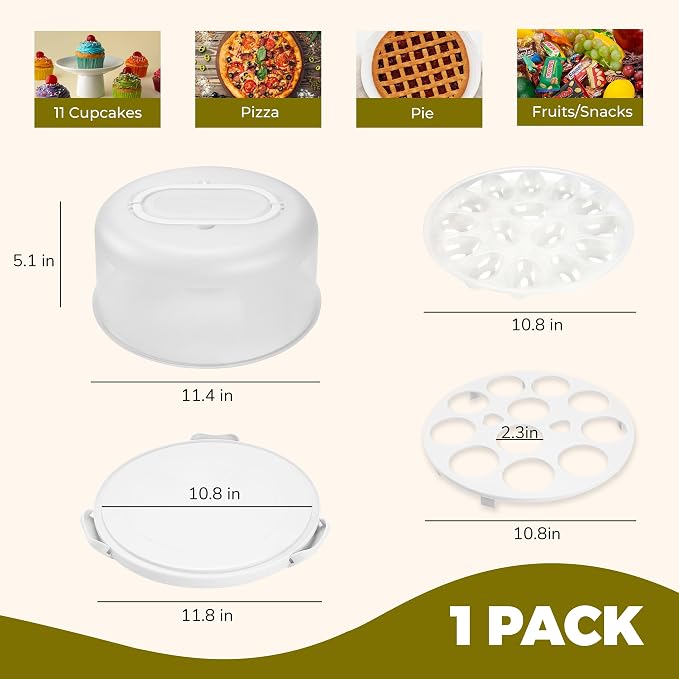 NPLUX White Cake Containers with Lids Round Plastic Cupcake Holders 4-in-1 Multipurpose Cake Carrier Holder for 11 Inch Cake Pies Cupcake Eggs Fruit or Snack Transport