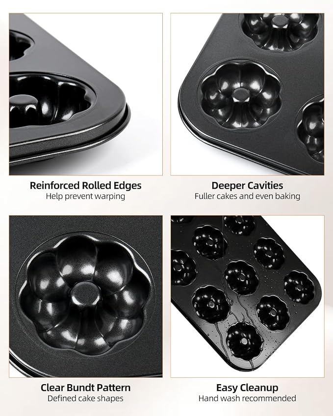 2 Pack Mini Bundt Cake Pans for Baking, 12-Cavity Nonstick Mini Bundtlette Baking Mold, Heavy-Duty Carbon Steel, Oven-Safe to 450℉ Versatile Fluted Bake Pan for Muffins, Brownies, Cupcakes, Mini Cakes