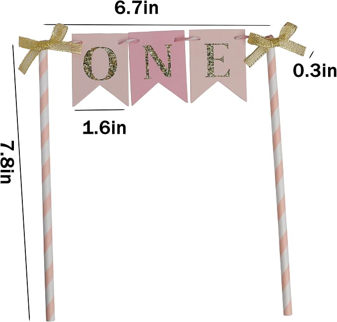Gold Bow Cake Topper for 1st Birthday Girl Cute Happy Birthday Banner & ONE Decorations, First Birthday Party Supplies with Cake Topper Decor, Girly Theme Baby Shower Decorations