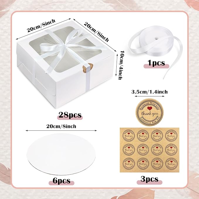 KEEPARTY 28PCS 8x8x4 Inches White Bakery Boxes with Window Bulk Cardboard Pastry and White Cake Round Boards ribbon and stickers for Cookies Pies Gifts and Birthday Party Elegant Pastry Boxes