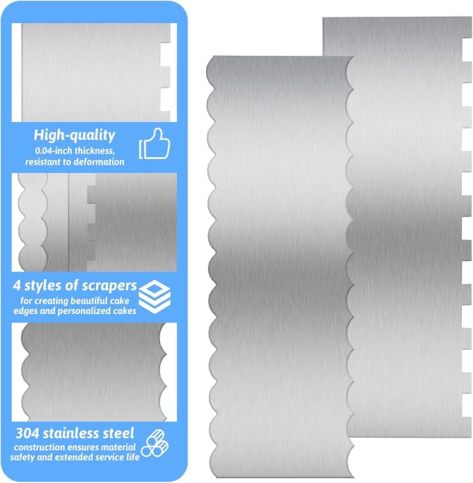 Stainless Steel Cake Scrapers, 2 Pcs Dual-Edged Icing Smoother and Striper Tool with 4 Style Patterned Comb, Professional Cake Decorating Tools for Buttercream, Fondant, Dough, Baking Supplies
