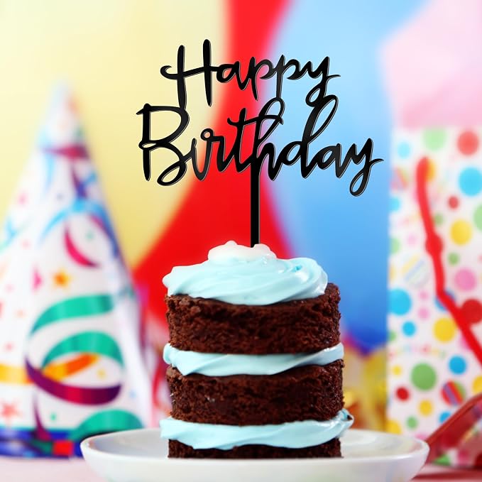 1PCS Acrylic Cake Topper, 4.7 Inches x 5.5 Inches Happy Birthday Cake Topper, Black Birthday Cake Decorations Flower Arrangements Sign for Baby Shower, Anniversary Decor