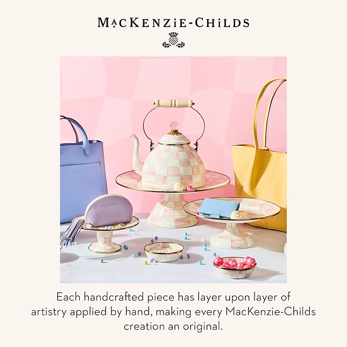 MACKENZIE-CHILDS Enamel Pedestal Platter, Round Cake Stand, Small, Pink-and-White Rosy Check