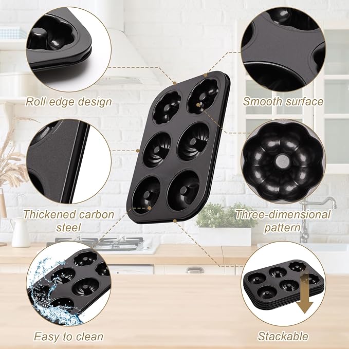 2 Pack Donut Pans, Carbon Steel Donut Pan for Baking with 6 Holes Non-Stick Stackable 10.35" x 7.28" Doughnut Pans Oven Safe Donut Molds for Bagels, Mini Cakes and Muffins