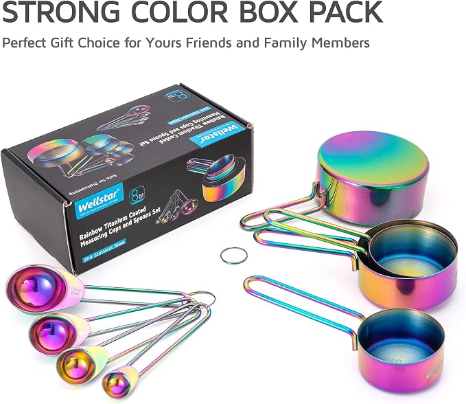 WELLSTAR Measuring Cups and Spoons Set of 8, Food Grade 18/8 Stainless Steel Measure set for Dry Liquid Measurement, Rainbow Titanium Coated Kitchen Gadgets for Cooking Baking, 4 Cup and 4 Spoon