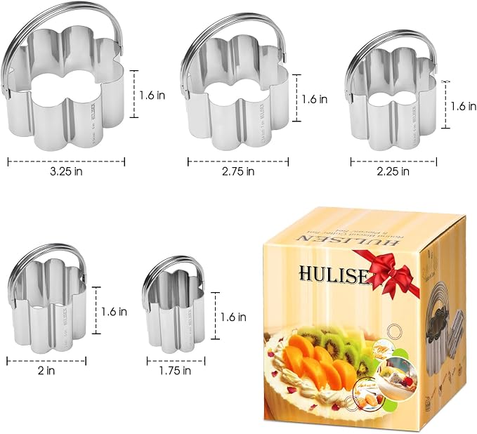 HULISEN Flower Cookie Cutter Set (5 Pieces/Set), Stainless Steel Scalloped Edge Biscuit Cutter with Handle, Professional Baking Tools Set, Gift Packaging (Plum Blossom)