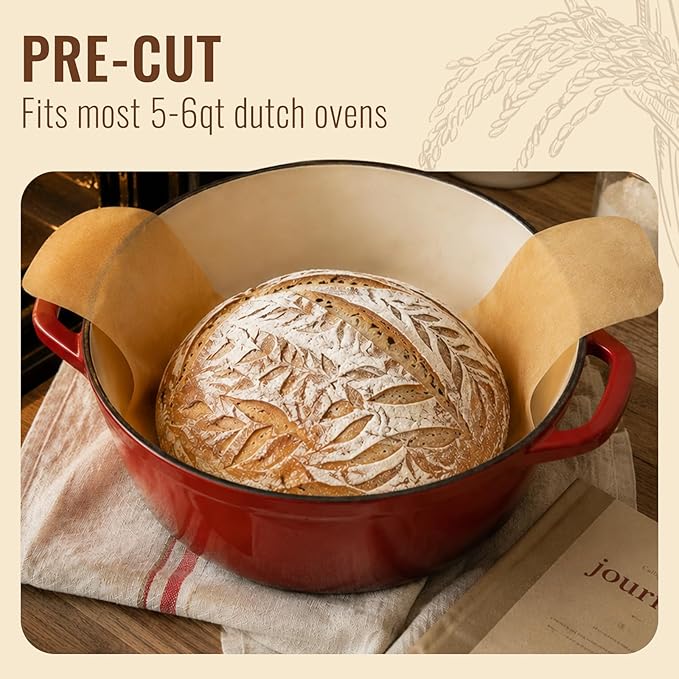 Parchment Bread Sling for Dutch Oven, BlissBoard Disposable Bread Baking Mat with Long Handles, 50 Pcs Unbleached Parchment Paper for Air Fryer, Sourdough Transfer
