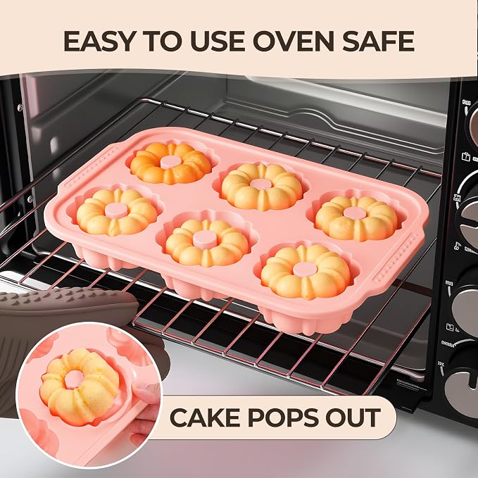 FUNBAKY 3 Inch Mini Fluted Tube Cake Pans for Baking with Metal Reinforced Frame, 2Pcs Silicone 6-Cavity Mini Flan Molds, Nonstick Baking Mold for Cupcake, Brownie, Donuts, Cornbread, Jello