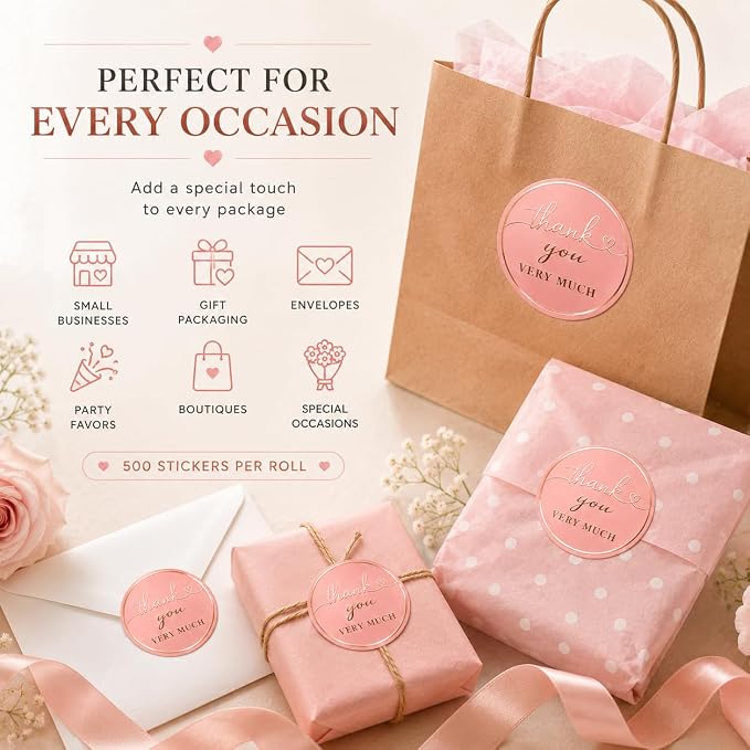 Thank You Stickers for Small Business – 500 Blush Pink Round Stickers with Rose Gold Foil, 1.5 Inch Waterproof Adhesive Labels for Packaging, Gifts & Envelopes
