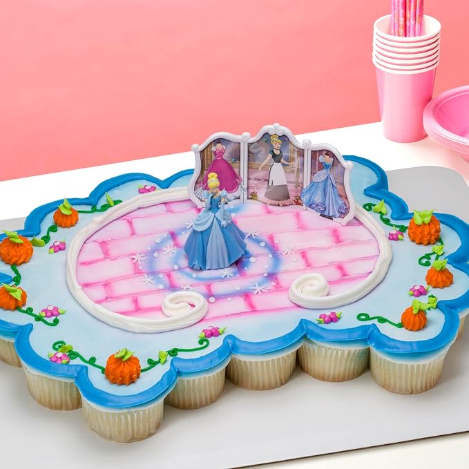 DecoSet® Disney Princess Cinderella Transforms Cake Topper, 4-Piece Birthday Cake Decorations Set with Figurine and Dress Stickers