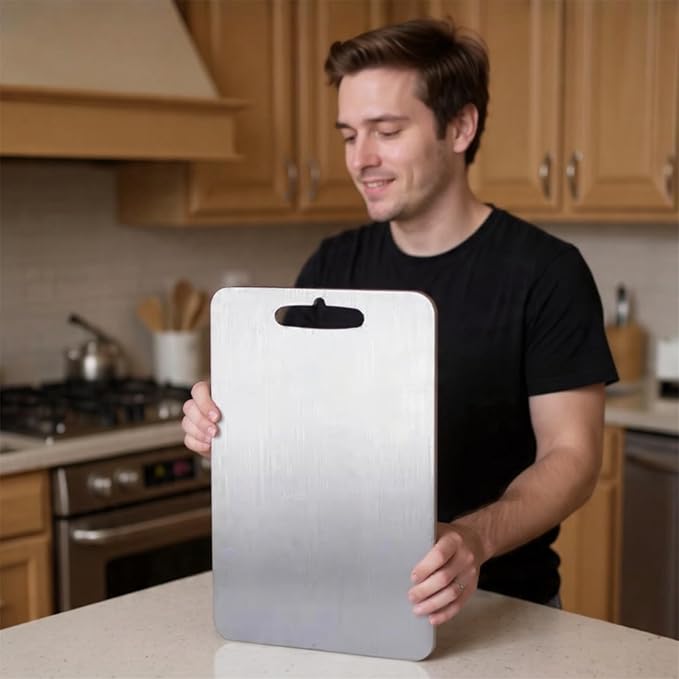 Stainless Steel Pastry Cutting Board 15x11 with Bench Scraper | Metal Dough Board for Kneading Bread & Baking – 304 Food-Grade Chopping Board, Dishwasher Safe, Knife-Friendly, Heavy Duty