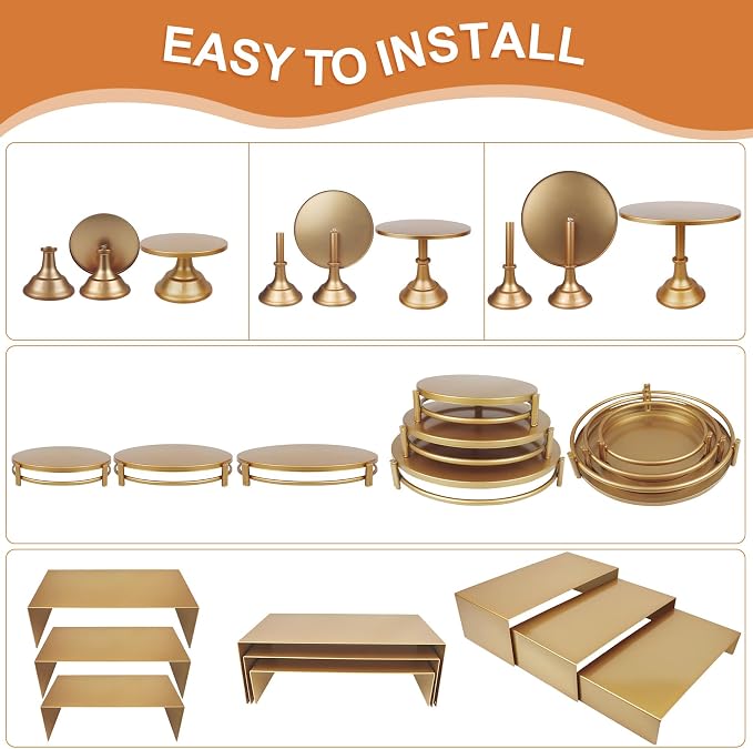 MACIFECI Gold Dessert Table Display Set, 11PCS Metal Gold Cake Stand Set, Including Cupcake Tower Stand, Dessert Tray, Risers Stands, for Wedding, Party